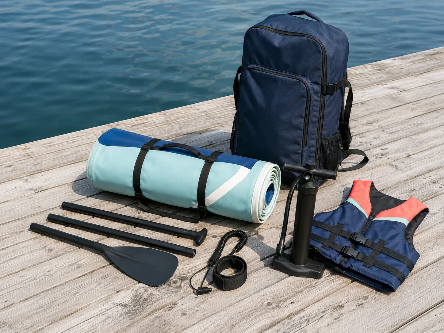 Inflatable paddle board kit arranged on a dock